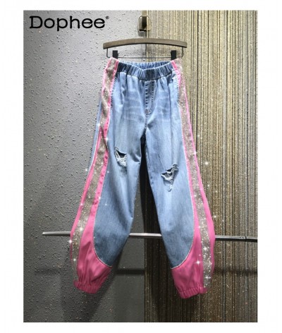 Rhinestone Color Matching Ankle-Tied Harem Jeans Women Elastic Waist Slimming Denim Baggy Pants 2023 Summer New Pantalones $8...