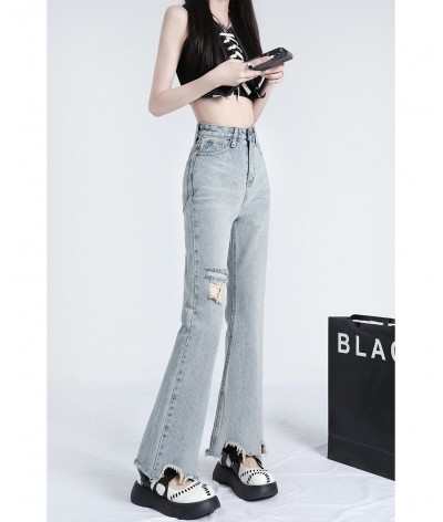 Light color ripped micro ripped jeans women's summer thin style high waist show thin person design sense irregular flare pant...