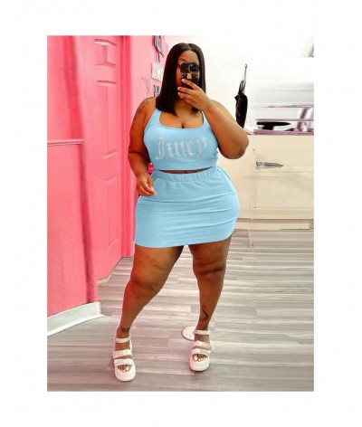 Plus Size Women Clothing Tracksuit Two Piece Dress Set Juicy Rhinestones Crop Top Sheath Skirt Wholesale $41.66 - Plus Size C...