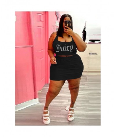 Plus Size Women Clothing Tracksuit Two Piece Dress Set Juicy Rhinestones Crop Top Sheath Skirt Wholesale $41.66 - Plus Size C...