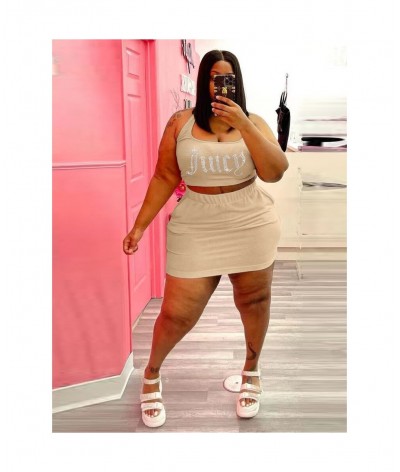 Plus Size Women Clothing Tracksuit Two Piece Dress Set Juicy Rhinestones Crop Top Sheath Skirt Wholesale $41.66 - Plus Size C...