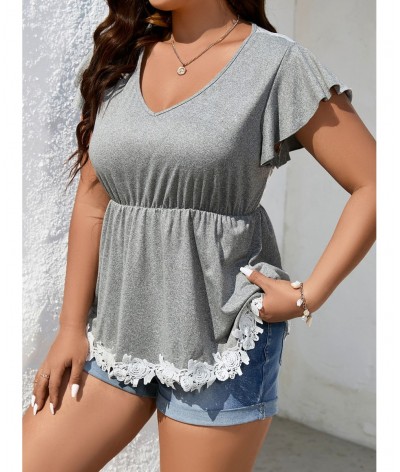 Oversized Plus Size Women's White Lace Floral Print Blouses Chic Slim Butterfly Sleeve Tops Fashion V Neck Casual 4xl T-shirt...