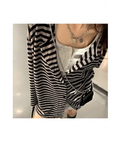 2000s Striped Cardigan Korean Fashion Autumn Button Up Long Sleeve Baggy Style Coats Harajuku Grunge Vitnage Long Tops $41.11...