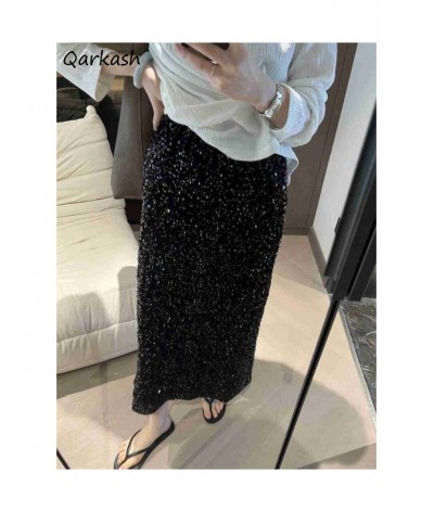 Skirts Women Autumn High Waist Midi Sequined Elegant Korean Fashion Back Slit A-line Loose Casual Simple All-match Faldas $32...