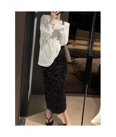 Skirts Women Autumn High Waist Midi Sequined Elegant Korean Fashion Back Slit A-line Loose Casual Simple All-match Faldas $32...