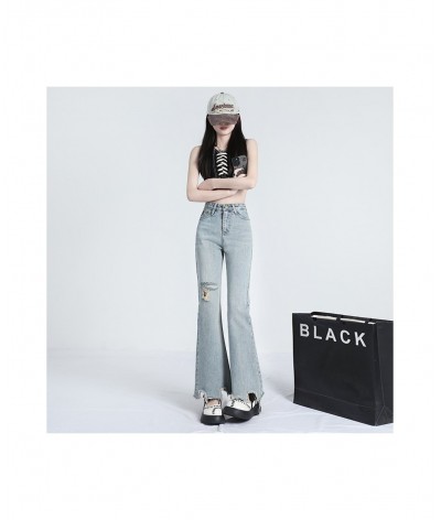 Light color ripped micro ripped jeans women's summer thin style high waist show thin person design sense irregular flare pant...