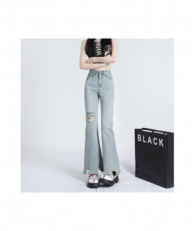 Light color ripped micro ripped jeans women's summer thin style high waist show thin person design sense irregular flare pant...