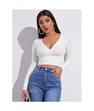 Women Casual Solid Long Sleeve Crop T-shirt Fashion V-Collar Bare Midriff Stretch Tops Ribbed Knitted Elastic Slim Skinny Tee...