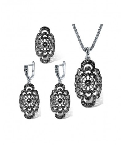 Hollow Out Black Flower Necklace Earrings Ring Size 7-9 High Quality Vintage Plant Jewelry Sets For Women Wholesale Bijoux $2...