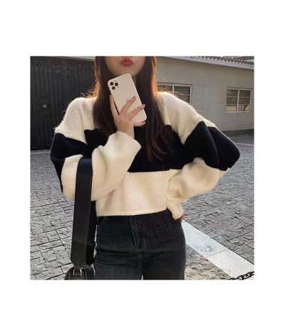 Fall Winter Striped Print Women Long Sleeve O Neck Sweater Korean Fashion Harajuku Vintage Knitted Oversized Pullovers Crop $...