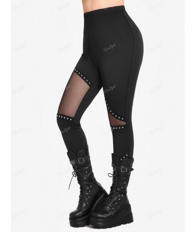 Plus Size Gothic Skinny Pants Leggings Black Mesh Panel Studs Trousers Rivets PU Leather Pull On Pants Mujer 4XL $34.03 - Plu...