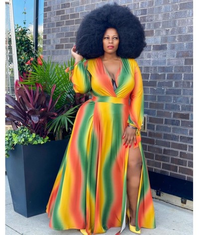Women Autumn Rainbow Striped Print V-neck High Split Maxi Dress Plus Size XL-5XL Long Sleeve Floor Length Dresses $35.79 - Pl...