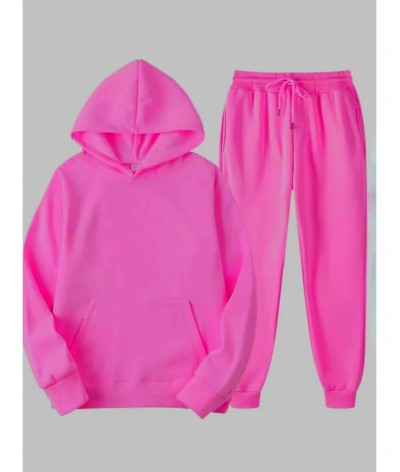 BASICS Plus Size Kangaroo Pocket Drawstring Tracksuit Set 2022 Autumn winter warm Two Piece Set Long Sleeved Hoodies Sportsw ...