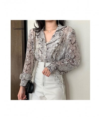 Korean Fashion Long Sleeve Button Shirt For Women Spring Autumn Snake Print Sequin Blouse Glitter Ladies Tops $45.21 - Blouse...