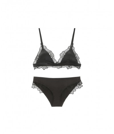 Lace Embroidery Ruffle Glossy Satin Triangle Cup Bra and Briefs Set Underwear Removable Padded Women Intimates Sexy Lingerie ...