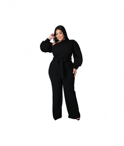 Plus Size Jumpsuit Women with Sashes Sexy Salsh Neck Solid Color Chic Lantern Sleeve Ladies Long Rompers Wholesale $47.45 - P...