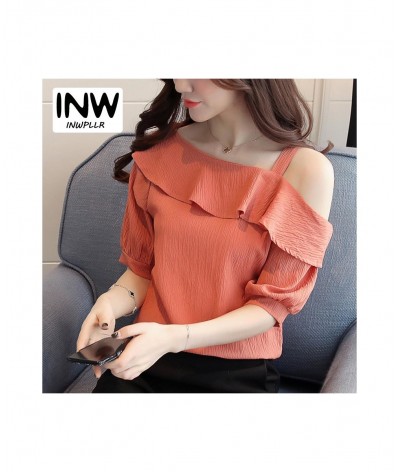 2023 Summer One Shoulder Blouses Shirts Womens Tops Fashion Ruffle Blusas Feminino Ete Short Sleeve Chiffon Blouse Femme Tops...