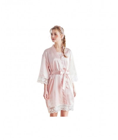 Women's Satin Kimono Robes with Lace Trim Short Bridesmaids Bridal Bathrobe Nightgown Sleepwear Wedding Party Robe $50.39 - S...